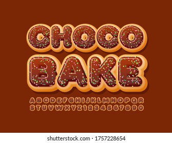 Vector tasty sign Choco Bake with Delicious Donut Font. Sweet Alphabet Letters and Numbers with Sprinkles