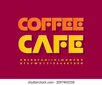 Vector tasty Sign Coffee Cafe. Modern Bright Font. Unique Yellow Alphabet Letters and Numbers