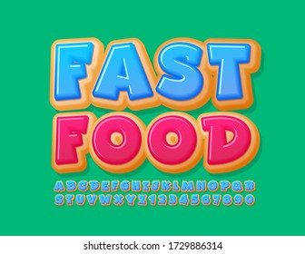 Vector Tasty Sign Fast Food With Donut Font. Blue Cake Alphabet Letters And Numbers