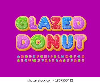 Vector tasty sign Glazed Donut. Bright Cake Font. Colorful Alphabet Letters and Numbers with Sprinkles
