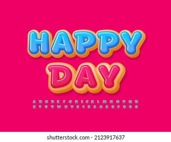 Vector tasty Sign Happy Day. Bright Creative Font. Donut sweet Alphabet Letters and Numbers