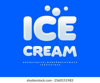 Vector tasty sign Ice Cream. Cold White Font. Glossy style Alphabet Letters and Numbers set.