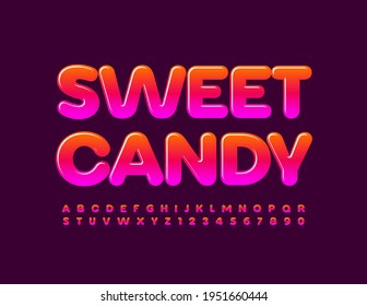 Vektor leckeres Schild Sweet Candy. Helle, glänzende Schriftart. Alphabet-Buchstaben- und Nummernsatz