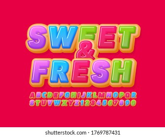 Vector tasty sign Sweet & Fresh. Bright Donut Font. Delicious colorful Alphabet Letters and Numbers