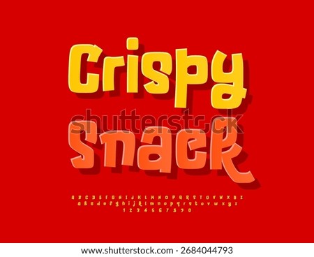Vector Tasty sticker Crispy Snack. Funny Yellow Sticker Font. Exclusive Alphabet Letters and Numbers set.
