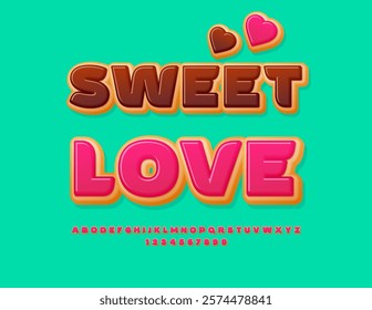 Vector Tasty Sticker Sweet Love. Pink Glazed Cake Font for Cafe, Store and Logo Design. Delicious Donut Alphabet Letters and Numbers set. 