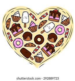 Vector tasty sweet food. Vector doodle illustration of a cake, ice cream, candy, donuts, muffin. Food inside the heart.
