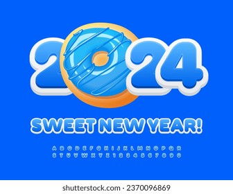 Vector tasty wish card Sweet New Year 2024! Cute Blue Font. Bright 3D Alphabet Letters and Numbers