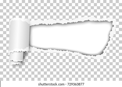 Vector tattered hole in transparent paper with soft shadow and paper curl. White background of the resulting window. Template design.