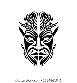 Vector tattoo of a black and white Polynesian god mask sketch.