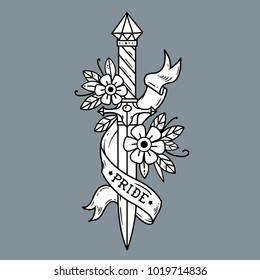Vector tattoo dagger with flowers and ribbon. Ancient oriental dagger decorated with large sapphire. Ribbon with lettering PRIDE. Old school style. Traditional Tattoo Design. Black and white tattoo