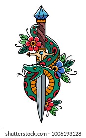Vector tattoo dagger with green snake. Dagger decorated with large blue sapphire. Snake wraps around ancient oriental dagger. Old school style. Traditional Tattoo Design