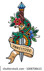 Vector Tattoo Dagger with green snake, flower, ribbon and lettering Fortitude. Snake wraps around old dagger. Old school style. Engraving style