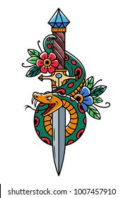 Vector tattoo dagger with snake. Dagger decorated with flowers. Snake wraps around ancient oriental dagger. Old school style. Traditional Tattoo Design