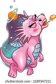 vector tattoo design about pink cute baby girl dragon trying to spout a small fireball