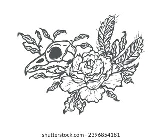 Vector Tattoo Design Raven Bird Skull, Rose Flower, Leaves and Feathers. The Day of the Dead, Halloween or Gothic and Mystic Design. Black and White Outline Drawing.