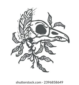 Vector Tattoo Design Raven Bird Skull, Leaves and Feather. The Day of the Dead, Halloween or Gothic and Mystic Design. Black and White Outline Drawing.