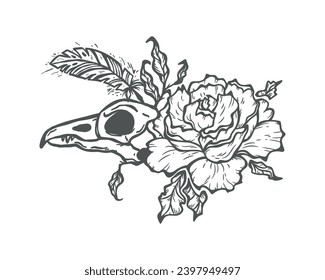 Vector Tattoo Design Raven Bird Skull, Rose Flower, Leaves and Feathers. The Day of the Dead, Halloween or Gothic and Mystic Design. Black and White Outline Drawing.