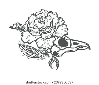 Vector Tattoo Design Raven Bird Skull, Rose Flower, Leaves and Feathers. The Day of the Dead, Halloween or Gothic and Mystic Design. Black and White Outline Drawing.