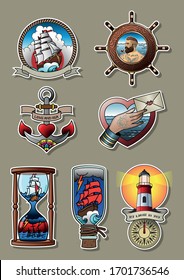 Vector Tattoo Design Set, Marine Tattoos, Sailing Ship, Rope, Helm, Anchor, Envelope, Ship in the Bottle, Hourglass, Lighthouse, Compass