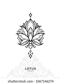 Diseño de tatuaje de Vector. Etiqueta de yoga. Ilustración boho para textiles, impresión, camiseta, cartel. Aislado en blanco.