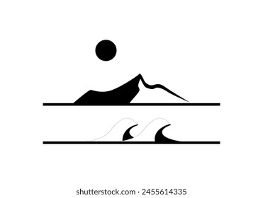 vector tattoo with elements of waves and mountains, made in one simple black and white concept. Suitable for tattoos, logos, brands, clothing screen printing, wall decorations, backgrounds.