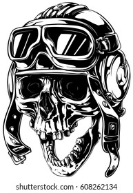 A Vector Tattoo Illustration Of Crazy Smiling Old Human Skull In Retro Aviator Helmet With Open Jaw.