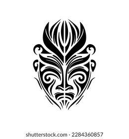 Vector tattoo of a Polynesian god mask in black and white.