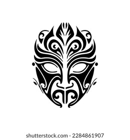 Vector tattoo of a Polynesian god mask in black and white.