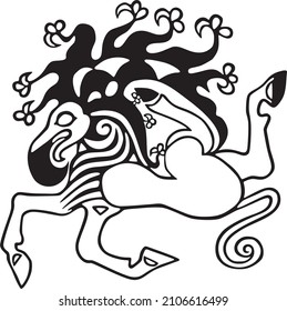 Vector tattoo of a Scythian princess. Petroglyphs of ancient Asia, Siberia. Drawing on a mummy.
