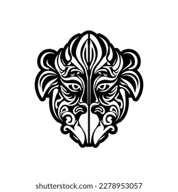 Esbozo de tatuajes vectores de máscara de dios polinesia en blanco y negro.