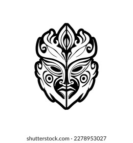 A vector tattoo sketch of a Polynesian god mask in black and white.