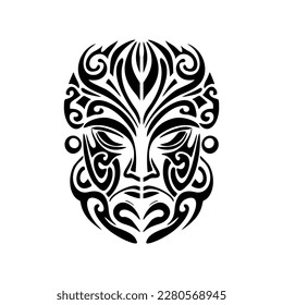 Vector tattoo sketch of Polynesian god mask, in black and white.