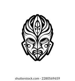 Vector tattoo sketch of Polynesian god mask in black and white.