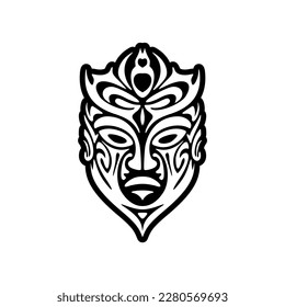 A vector tattoo sketch of a Polynesian god mask in black and white.