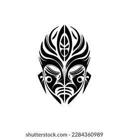 Vector tattoo sketch of a Polynesian god mask, black and white.
