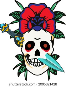 Vector Tattoo Skull with sword and rose on white Background