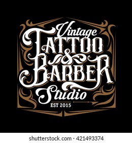 Vector Tattoo Studio And Barber Shop Logo Templates On Black Background. Cool Retro Styled Vector Emblem. Retro Lettering.Tattoo Studio Sign.