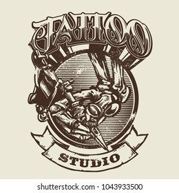 Vector tattoo studio logo templates in hand drawing style