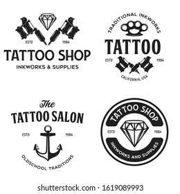 Vector tattoo studio logo templates on white background. Cool retro styled vector emblems.