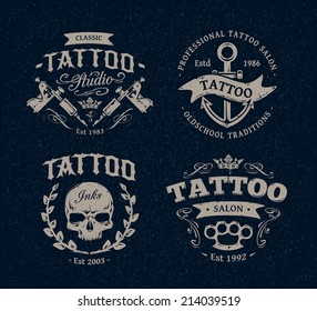 Vector tattoo studio logo templates on dark background. Cool retro styled vector emblems.