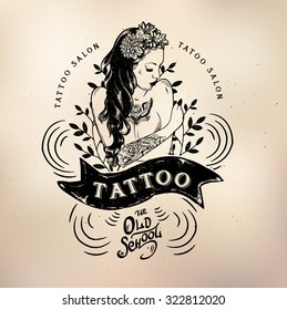 Modelos de logotipo estúdio de tatuagem vetorial em fundo escuro. Emblemas vetoriais estilo retro legal.