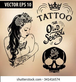 Vector tattoo studio logo templates on dark background. Cool retro styled vector emblems.