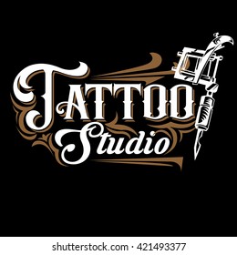 Vector tattoo studio logo templates on black background. Cool retro styled vector emblem. Tattoo studio sign.
