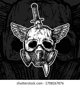 Vector tattoo style mascot with dead head skull in gas mask pierced with hunting knife and wings on sides