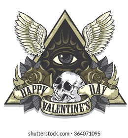 Vector tattoo-art on the theme of Valentine's Day. Tattoo-art design.Wings, roses and skull. Eye of Providence. Hand-drawn vector images. Good for printing on t-shirt. Easy to edit..Tattoo font.