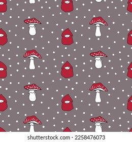 Vector taupe seamless pattern with small figures and toadstools. Dotted Parade. Tiny red hooded figures aligned between a parade of mushrooms. Part of Tales From The Toadstool Wood collection.