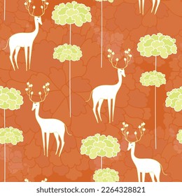 Vector tawny seamless pattern: Deer In Bloom. White deer with blooming antlers standing among green-yellow trees on a tawny background with gigantic pale flowers. Part of The Flower Tree collection.