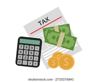 Vector de documentos de impuestos, calculadora, monedas y efectivo que simbolizan los conceptos de finanzas, contabilidad, presentación de impuestos y administración de dinero.