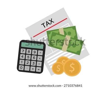 Vector of tax document, calculator, coins, and cash symbolizing finance, accounting, tax filing, and money management concepts.